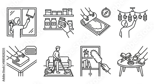 Ramadan Household Preparation Outline Icons Set, Home Routine Black Line Vector