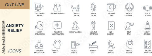 Anxiety relief line icon set. Featuring calm, breathing, therapy, meditation, mood, rest, and mindfulness symbols. Ideal for apps, UI, self-care, and mental wellness use.