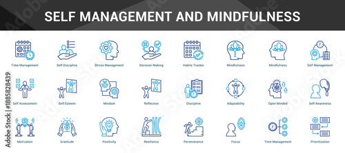Self Management And Mindfulness Cohesive set of minimalist vector icons representing key ideas with visual clarity