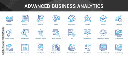 Advanced Business Analytics Cohesive set of minimalist vector icons representing key ideas with visual clarity