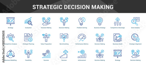 Strategic Decision Making Cohesive set of minimalist vector icons representing key ideas with visual clarity