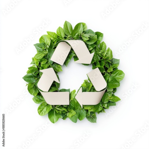 Eco-Friendly Symbol Made of Green Leaves and Recycle Arrows on White Background