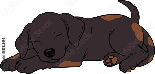 Cute sleeping puppy illustration in dark color showing peaceful dog resting, adorable pet cartoon isolated on white background design