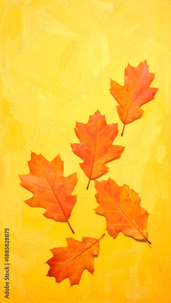 Fototapeta premium Five vibrant oak leaves with fall hues against a textured, solid yellow artistic background