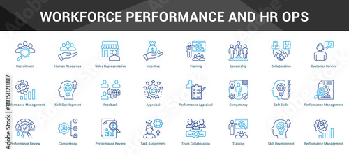 Workforce Performance And Hr Ops Cohesive set of minimalist vector icons representing key ideas with visual clarity