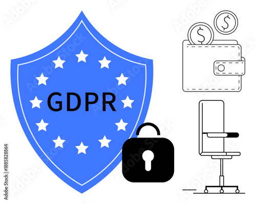 Data protection, online privacy, cybersecurity, compliance, workplace policies, financial security. Elements include GDPR shield, lock wallet and office chair. GDPR and cybersecurity concepts
