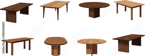 Wooden table illustration set featuring rectangular and round table designs, furniture collection for interior design, dining room concepts, home 