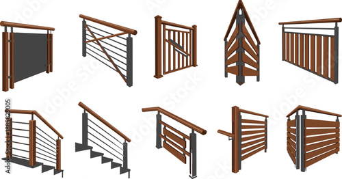 Wooden stair railing and handrail illustration set featuring modern and classic designs, architectural safety collection for interior stairs, balcony railings, 