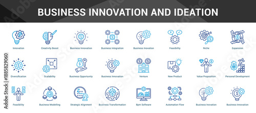 Business Innovation And Ideation Cohesive set of minimalist vector icons representing key ideas with visual clarity