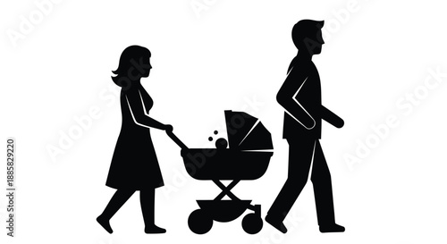 A silhouetted family walks together a mother father and baby in a stroller