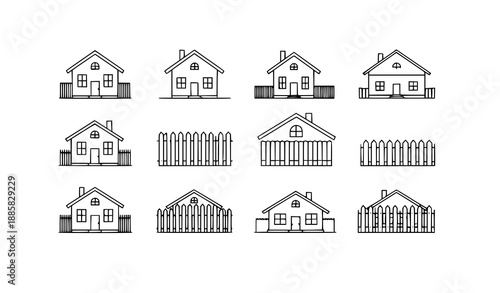 Minimal flat house and fence icon set vector illustration isolated