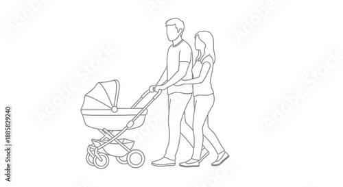 A simple line drawing depicts a family walking with a baby in a stroller