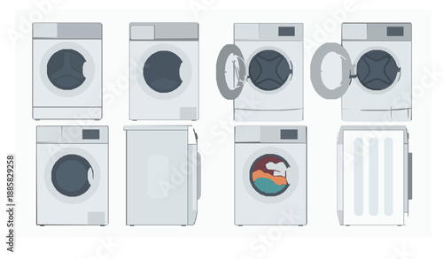Washing machine collection vector illustration realistic flat appliances isolated on white