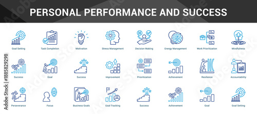 Personal Performance And Success Cohesive set of minimalist vector icons representing key ideas with visual clarity