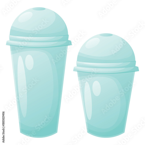 Transparent plastic takeaway empty cups with dome lids and red drinking straw realistic 3d vector mockup, isolated beverage blank containers illustration for juice, soda, milkshake, smoothie.