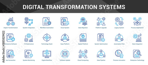 Digital Transformation Systems Cohesive set of minimalist vector icons representing key ideas with visual clarity