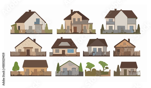 House and fence collection vector illustration realistic flat buildings isolated on white