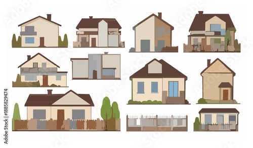 Cute cartoon house and fence vector collection playful home illustrations