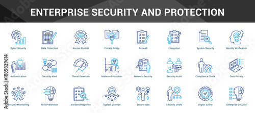 Enterprise Security And Protection Cohesive set of minimalist vector icons representing key ideas with visual clarity