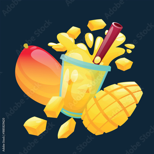 Natural fresh mango smoothie in plant-based milk or juice. A set of realistic ripe fruit. Mango pieces and slices falling into the smoothie. Realistic 3D illustration. Food concept.