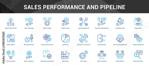 Sales Performance And Pipeline Cohesive set of minimalist vector icons representing key ideas with visual clarity