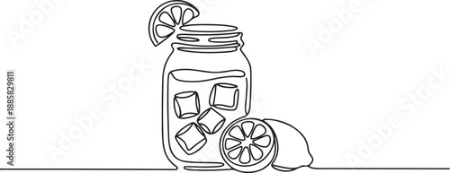 One single line drawing of fresh lemonade ice on jar glass with sliced lemon vector illustration graphic. Cafe menu and restaurant badge concept. one line Icon drawing