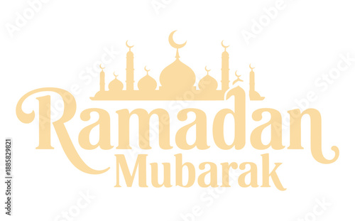 A golden Ramadan Mubarak design features an elegant script with a crescent moon and ornate mosque silhouettes promoting peace and blessings high-quality.