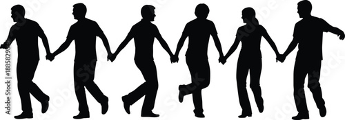 Men silhouettes holding hands in a line, teamwork unity friendship and cooperation concept, group connection isolated on white background illustration