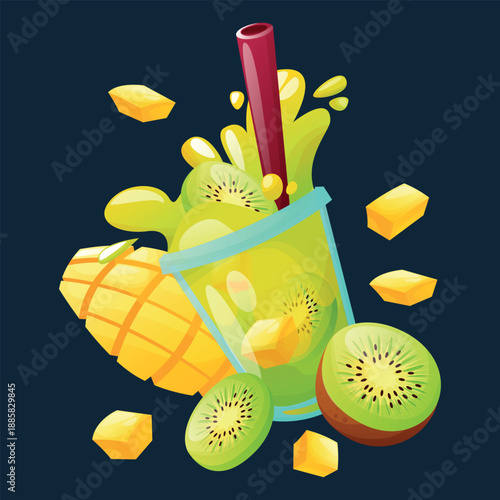 Fruit smoothie. Kiwi, mango, and avocado shake. Fresh drink menu, juices for a healthy life. Refreshing, healthy, delicious, and juicy drink. Illustration for a restaurant advertisement.