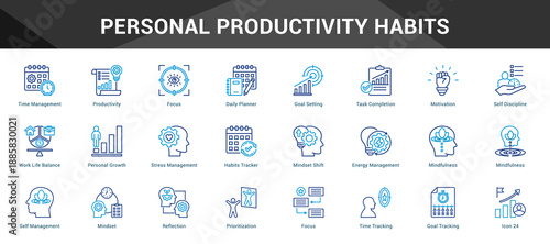 Personal Productivity Habits Cohesive set of minimalist vector icons representing key ideas with visual clarity
