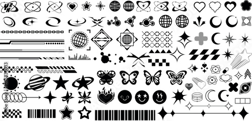 Фотография Futuristic Y2K Abstract Vector Shape Set with Tech Icons Globes Sparkle Stars Gr