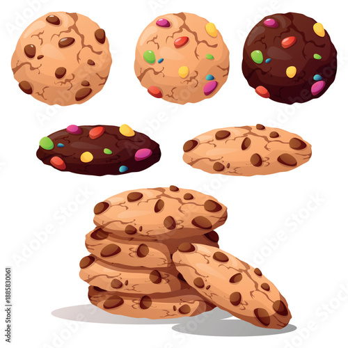 detailed, beautiful, hand-drawn illustration of cookies with colorful chocolate chips. The crispy cookies, isolated on a white background, feature various fillings, including chocolate.