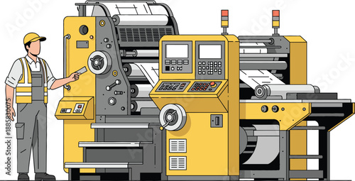 Industrial printing machine vector illustration with factory worker operating modern manufacturing equipment and production technology