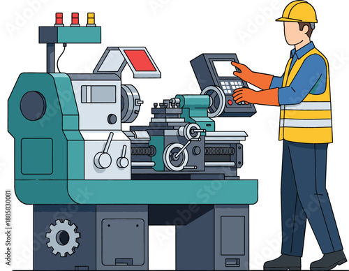 Factory worker operating CNC lathe machine vector illustration with industrial manufacturing and engineering concept