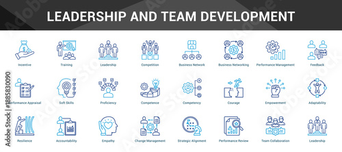 Leadership And Team Development Cohesive set of minimalist vector icons representing key ideas with visual clarity