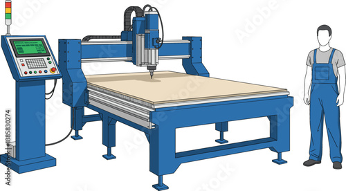 CNC router machine vector illustration with industrial cutting equipment and operator in modern manufacturing workshop
