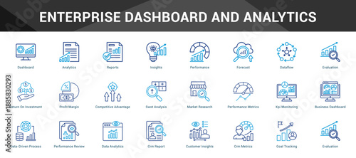 Enterprise Dashboard And Analytics Cohesive set of minimalist vector icons representing key ideas with visual clarity