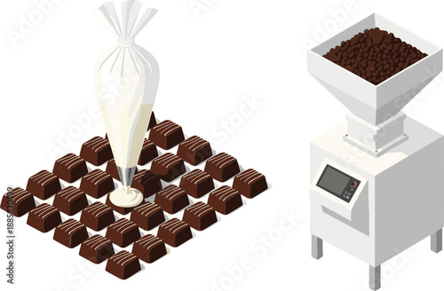 Chocolate production process vector illustration with piping bag pralines and industrial cocoa grinding machine equipment