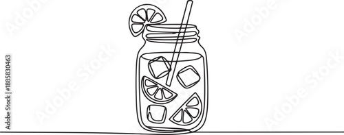 One single line drawing of fresh lemonade ice on jar glass with sliced lemon vector illustration graphic. Cafe menu and restaurant badge concept. one line Icon drawing
