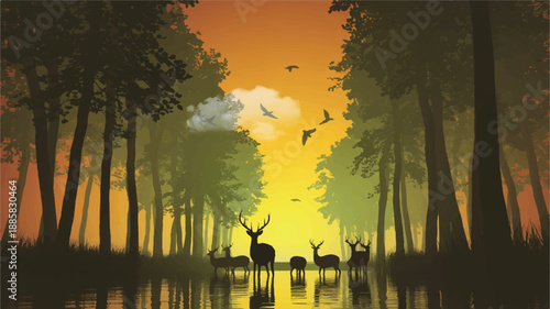 A digital illustration of a serene forest scene at sunset. In the foreground, a group of deer silhouettes stand in shallow water, their reflections visible in the calm water (1)_traced