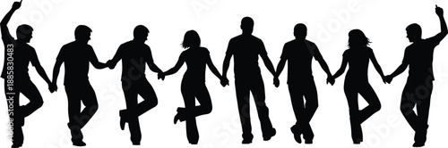 People silhouettes holding hands together, unity teamwork friendship and community concept, group cooperation celebration isolated on white background illustration