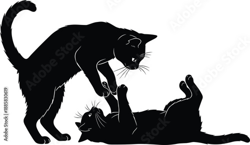 Playful cat silhouettes fighting and playing together, dynamic animal behavior scene, cute pets interaction isolated on white background illustration