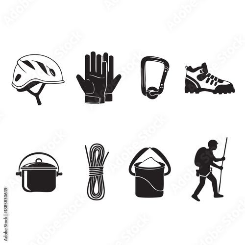 Black and white of climbing gear and hiking equipment including helmet, gloves, carabiner, boots, pot, rope, backpack, and hiker