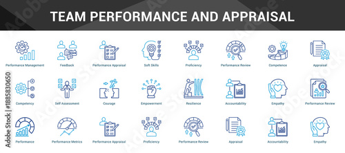 Team Performance And Appraisal Cohesive set of minimalist vector icons representing key ideas with visual clarity