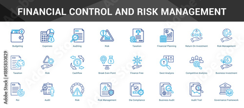 Financial Control And Risk Management Cohesive set of minimalist vector icons representing key ideas with visual clarity