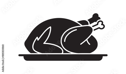 Whole Roasted Turkey on a Serving Platter Vector Icon, Minimalist Black and White