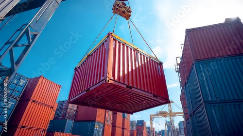 Cargo container being lifted by crane at busy port terminal showing global logistics freight handling and international trade operations