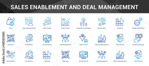 Sales Enablement And Deal Management Cohesive set of minimalist vector icons representing key ideas with visual clarity