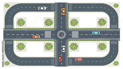 Cars navigating a busy roundabout intersection with multiple lanes