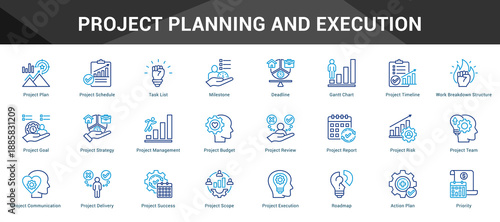 Project Planning And Execution Cohesive set of minimalist vector icons representing key ideas with visual clarity